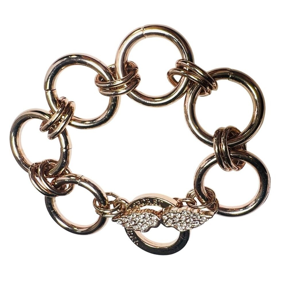 Y2K Victorias Secret Bracelet‎ Rose Gold Tone Link Crystal Angel Wings Toggle 7"